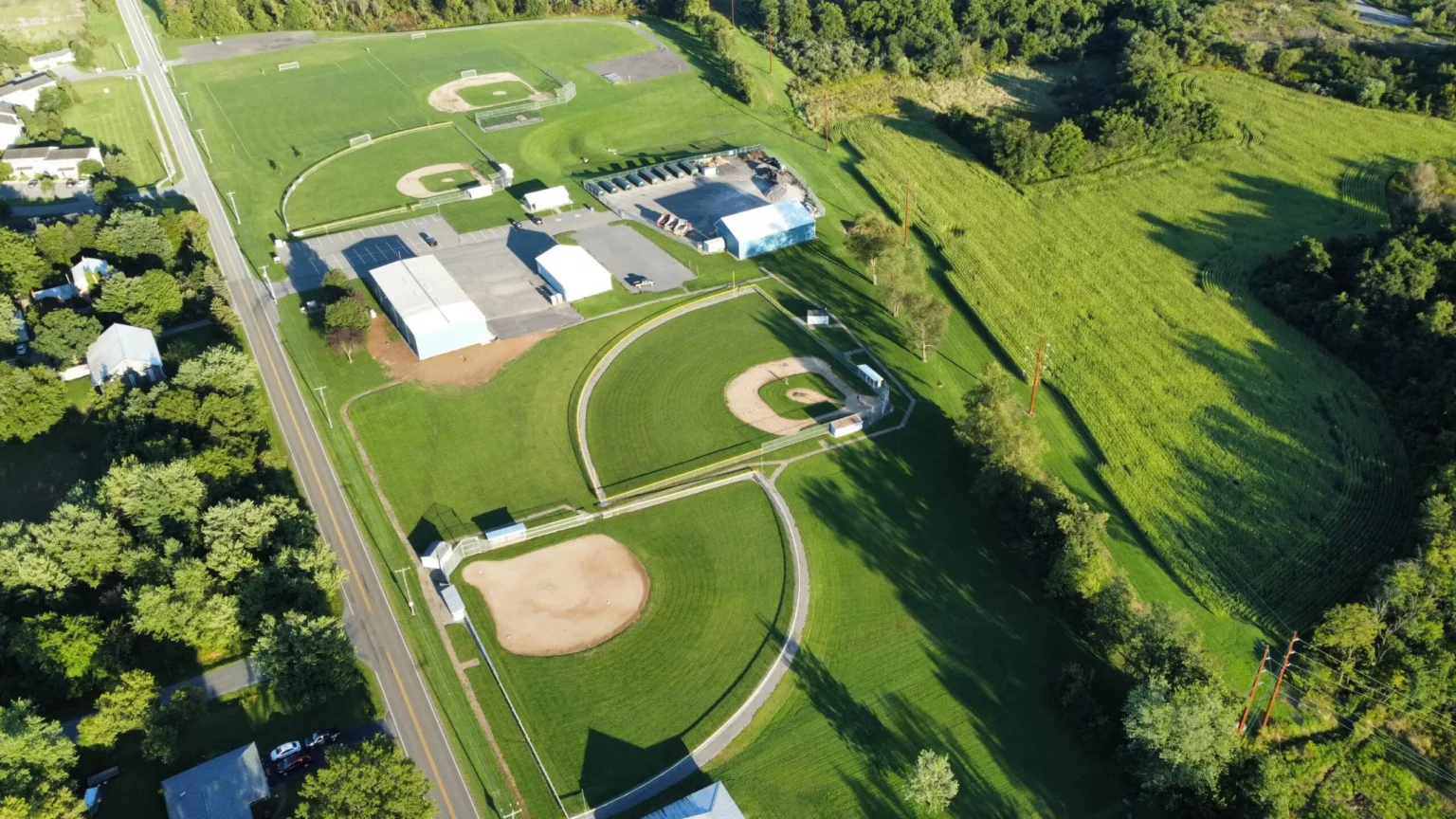 An aerial view of a large green athletic complex with multiple baseball diamonds, surrounded by a track, roads, and suburban development.